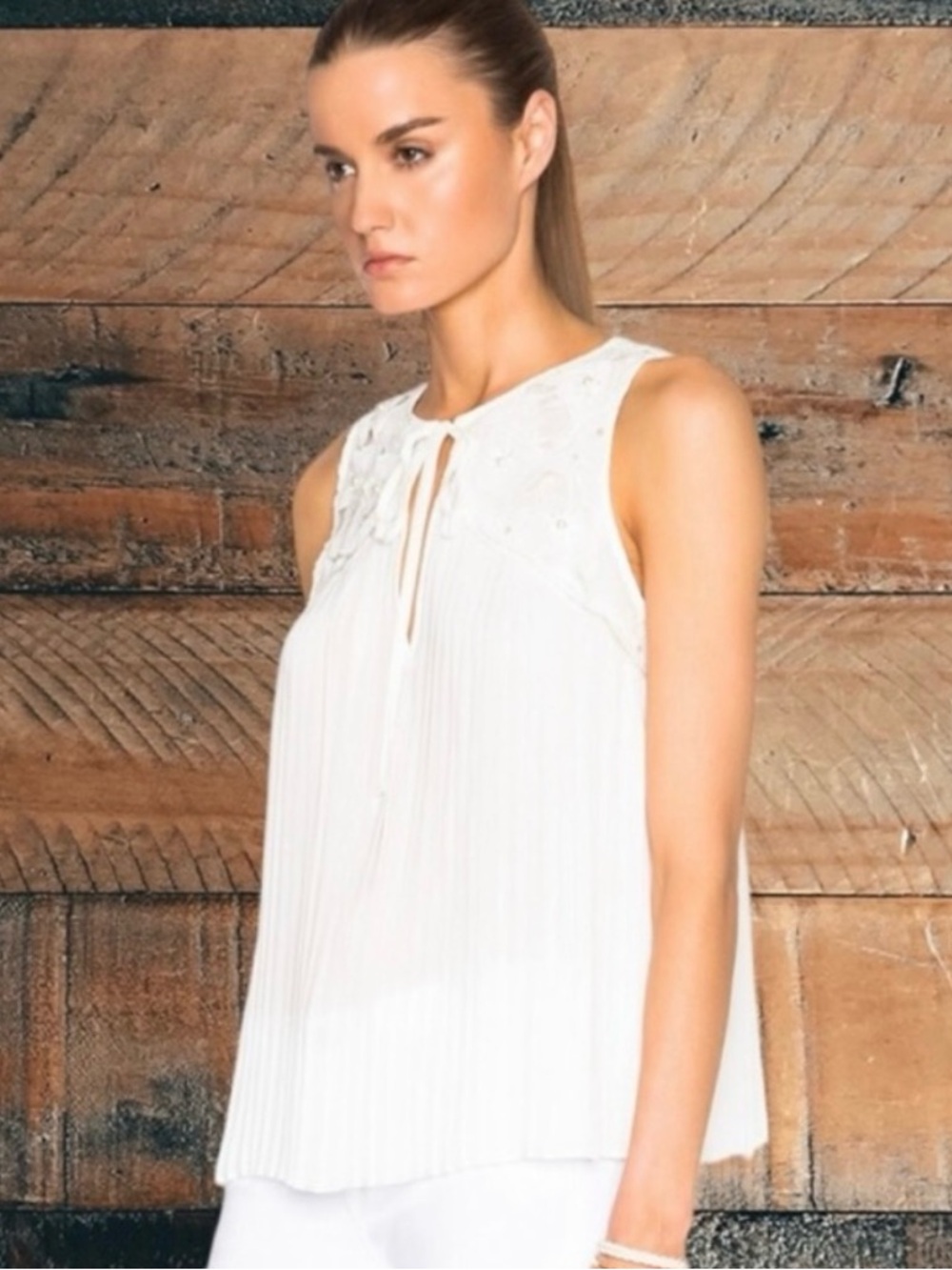 Alice + Olivia Kyrena White Pleated Blouse with Pearl Accents.Size M